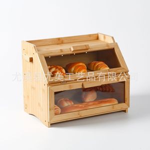 Cross-border wooden cake <b>box</b>/bread storage <b>box</b>, bamboo bread <b>box</b> with transparent <b>glass</b>, double-layer kitchen storage <b>box</b> - Product Image 3