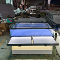 Vitrine de présentation commerciale en acier inoxydable et verre, avec base ouverte pour rangement, pour bijoux, table d'exposition et stand de centre commercial