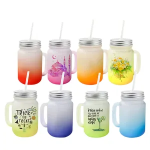 Blank Cute Sublimation Gradient Glass Mugs Water Bottle Coffee Tea Cup 15oz Mason Jar With Handle Lid And Straw