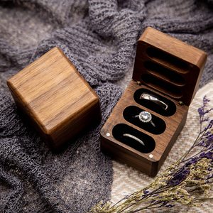 Solid Wood <b>Ring</b> <b>Box</b> Vintage Three Slot Jewelry Storage Engraved Wedding Display Case Rectangle Shape Portable Flip Top - Product Image 2
