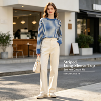 Atasan Kasual Wanita 2026 Biru Putih Lengan Pendek Kerah Bulat Slim Fit 100% Katun Rajutan Lembut Ramah Lingkungan Bergaris