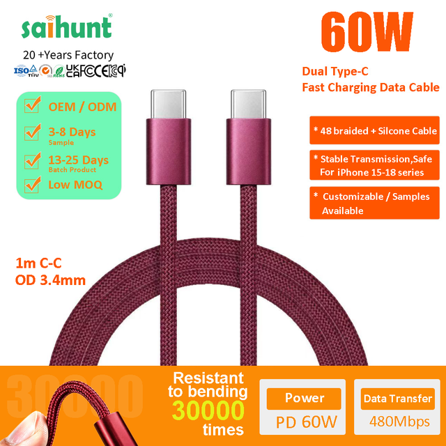 60W PD USB-C to USB-C Cable 1m 6A Fast Charging Nylon Braided Data Cord OD 3.4 for iPhone 18/17/16/15 Pro Max iPad