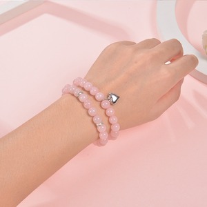 2 Pcs/Set 8mm Natural Rose Quartz Aventurine Round Stone Beaded Lucky Bracelet Set With Silver Puffy Heart Charm - Product Image 4