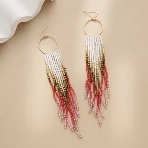 Handmade Bohemian Vintage Style Large Long Tassel Beaded Dangle Earrings Statement Big Circle Fringe Women Party Engagement