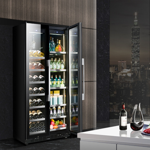 NE-425J-8 Custom logo Dual Zone Double Doors Display Wooden Shelves Wine Beverage Refrigerator Wine <b>Fridge</b> with Light - Product Image 1