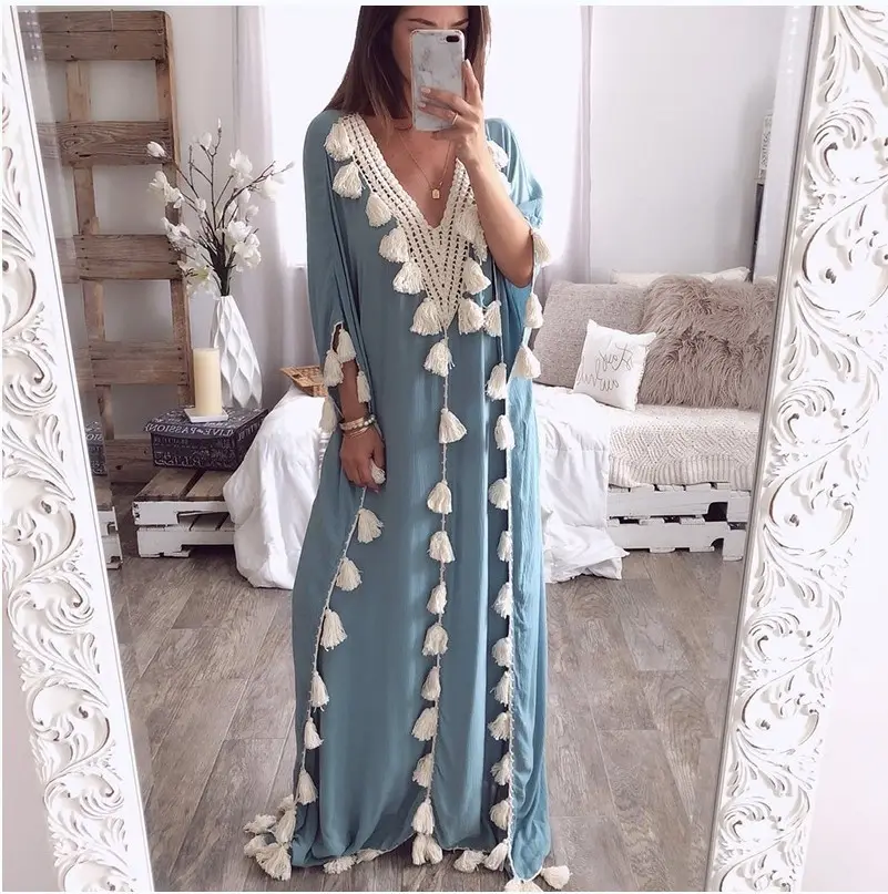 Women Long Robe Dress Middle East V neck Tassels Muslim Evening Long Gown Patchwork Smock Loose Robes Casual Maxi Dress