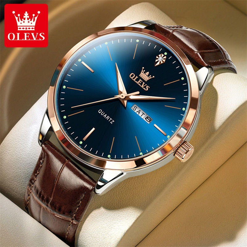 OLEVS 2935 Top Original reloj de cuarzo para hombres simplicidad doble  calendario esfera grande correa de cuero impermeable luminoso relojes de  hombre