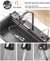 Ensemble de robinetterie de cuisine Voriva Nano Black en acier inoxydable brossé anti-rayures, avec robinet cascade effet pluie et touches de style piano