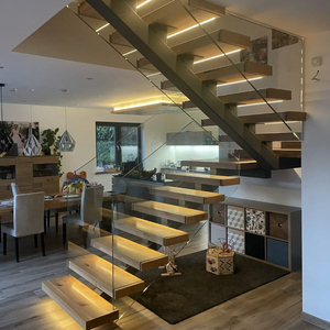 Stile americano moderno nero opaco mono trave <span class=keywords><strong>in</strong></span> <span class=keywords><strong>legno</strong></span> di quercia con luci a led scale galleggianti con ringhiera <span class=keywords><strong>in</strong></span> vetro da Foshan - Product Image 1