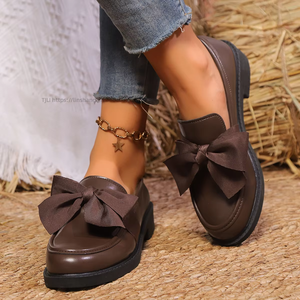 Chaussures plates rétro à talon épais en cuir pour femme, style britannique, grande taille, à enfiler, avec nœud, collection automne - Product Image 2