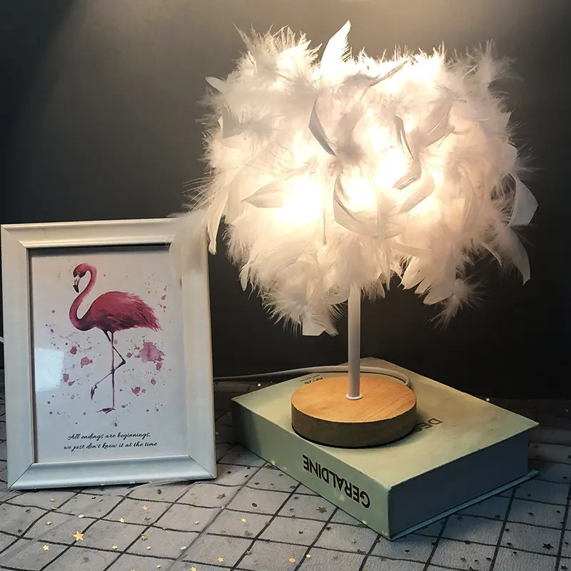 Led Feather Table Lamp white Purple pink Bedside Living Room Reception Kids Girls Party holiday atmosphere Night Gift Light