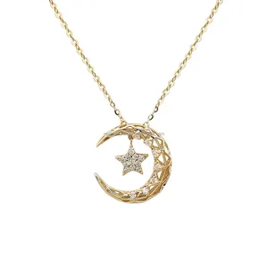 Customized Unique Moon Star Pendant Necklace with Genuine 14K Gold Real Diamonds Pearls Yellow Gold Jewelry for Wedding Gifts