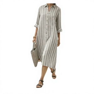 Robe décontractée en lin tissé simple pour femme, à manches longues, boutonnée, coupe ample, idéale pour les vacances d'été et les tenues de villégiature - Product Image 1