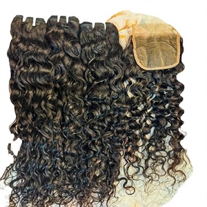 Extensions de cheveux naturels indiens Remy ondulés avec closure transparente 4x4, boucles, 22 pouces, densité 100%, pré-épilées, double trame faite à la machine - Product Image 1