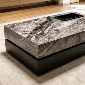 Glossy Grey Vein Sintered Stone Rectangle Coffee <b>Table</b>, Low Profile Solid Base Center <b>Table</b> For Modern Minimalist Living Room Fu - Product Image 2
