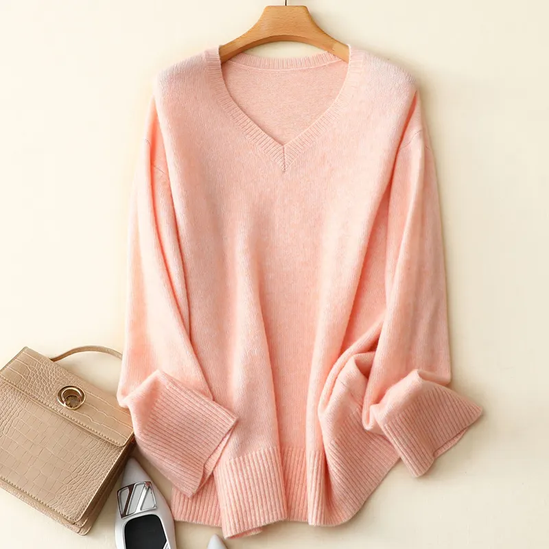 Women Cashmere Loose V Neck Thin Sweater