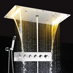 Dual rain and waterfall recessed ceiling fixed five function shower head sliding handheld shower rail satin brass tub faucet set