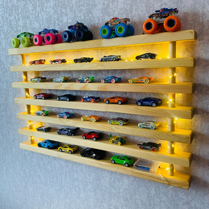 Étagère en bois fabriquée à la main avec LED Décoration de <span class=keywords><strong>chambre</strong></span> de garçon Montessori Support de <span class=keywords><strong>rangement</strong></span> pour voiture jouet Cadeau d'anniversaire pour tout-petits Étagère en bois pour voiture - Product Image 2