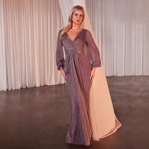 Vestido de Noche Largo con Manga Larga, Cuello en V, Lentejuelas, Cintura Imperio, Translúcido, para Fiesta Formal - Product Image 1