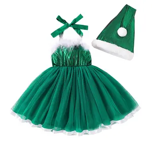 Fancy girls' Christmas party dresses with mesh bow fluffy Santa green dress + hat little girl halter slip dress