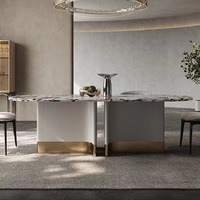 Ensemble de table à manger en marbre moderne minimaliste, luxe léger, écologique, durable, avec pieds en fer, table à manger ovale, table à manger haut de gamme pour villa