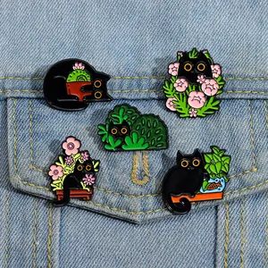 Cactus Cat Potted Enamel Pin Brooch Flower Plant Cartoon Metal Women Kids Gift Accessories Badge Black Animal Kitten Jewelry