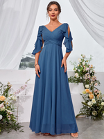 Robe de Demoiselle d'Honneur Longue en Chiffon Haut de Gamme à Volants et Épaules Dénudées, Col en V, Coupe Évasée, pour Dîners, Mariages et Soirées