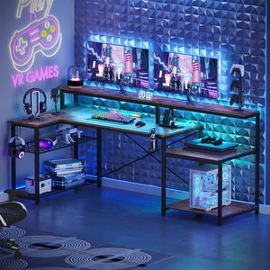 Bureau d'ordinateur de jeu SENYU avec prises électriques, éclairage LED, grand bureau d'angle en forme de L avec étagère de rangement, crochets pour casque, noir - Product Image 6