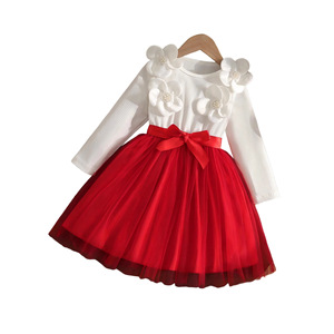 Robe de soirée élégante pour fillettes, rouge en tulle, style preppy, à manches longues, avec motifs floraux blancs, tenue d'anniversaire pour tout-petits, avec nœud à la taille, spéciale - Product Image 2