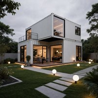 Maison modulaire de style conteneur avec structure en acier, terrasse sur le toit, escalier extérieur et espace de vie ouvert