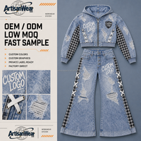 Ensemble sweat à capuche zippé et pantalon en jean vieilli pour homme avec détails à lacets – Fournisseur OEM/ODM