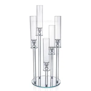 Candelabros com 7 braços de decoração de mesa, candelabros de cristal k9 de altura com base circular, tubos de vidro