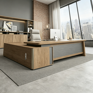 <span class=keywords><strong>Scrivania</strong></span> Direzionale Moderna con Mobile Laterale e Libreria, Arredamento Ufficio di Lusso in Legno per CEO e Manager - Product Image 3