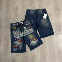 Shorts en jean mi-longs déchirés et délavés, brodés à la machine avec strass thermocollants, style streetwear, pour l'été – Vente en gros