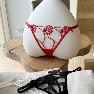 Vente en gros de culottes string en maille transparente pour femmes, broderie rose, double nœud décoratif, lingerie sexy, sous-vêtements pour femmes, OEM ODM - Product Image 3