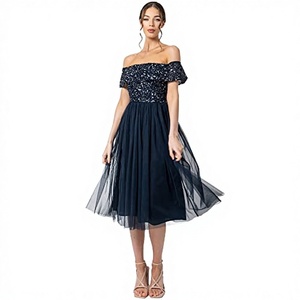 Vestido de Dama de Honor Largo, Elegante, con Apliques de Encaje, Cintura Imperio, Talla Grande, Línea A, Color Amarillo, con Mangas Cortas, Modelo MBL8 - Product Image 2