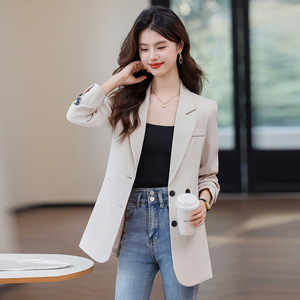 Women's Beige Blazer Slim Fit Anti-Wrinkle Solid Color Polyester Suit Jacket For Commuting Work Wear - Product Image 1