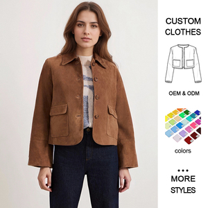 Chaqueta de <span class=keywords><strong>Cuero</strong></span> Genuino para Mujer, Estilo Europeo Americano, Transpirable, con Botones, Doble Botonadura, Hilo 75d, Color Sólido - Product Image 1