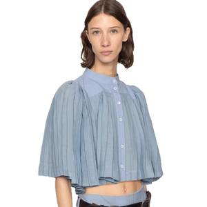 Blusa Corta de Gasa para Mujer, Color Azul Claro, Estilo Minimalista, Pliegues en Acordeón, Cuello Redondo, Manga Campana, Botones, ODM, Transpirable y Versátil - Product Image 5