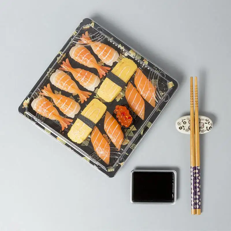 Contenedor de plástico desechable para Sushi, bandejas cuadradas japonesas para llevar Sushi de fiesta con tapa