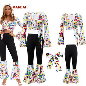 Jaren '70 Dames Disco Outfit 3-delig Set Hippie Cosplay Geprint Kleding Hoofdband Set Vrouwelijke Halloween Party Retro Disco Top Broekpak - Product Image 1