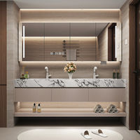 Meuble de salle de bain en bois massif avec vasque intégrée, miroir intelligent et panneau de porte peint étanche IPX4 pour salle de bain