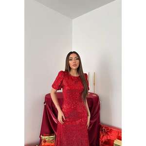 Robe de soirée longue rouge à sequins, du XS au XL, avec décorations en strass et perles drapées à plusieurs niveaux, idéale pour les soirées et les bals de promo. - Product Image 3