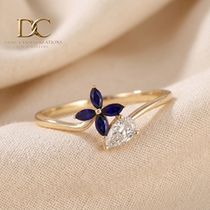 Bague en or massif 14 carats de luxe avec diamant de laboratoire et saphir bleu royal pour les bijoux de mariage et de soirée pour femmes - Product Image 1