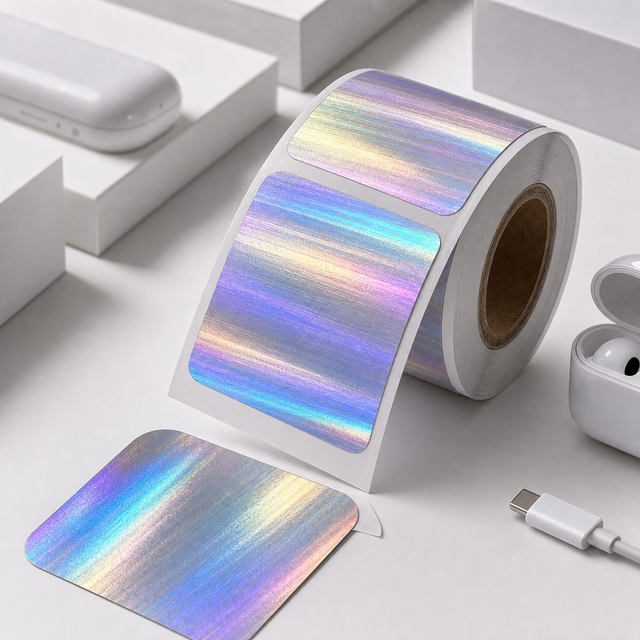 Custom Brushed Rainbow Silver Holographic Electronics Sticker Labels Die Cut for Digital Accessory Packaging
