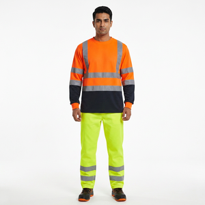 T-shirt de sécurité haute visibilité classe 3 à manches longues, orange citron avec bas bleu marine, en polyester à séchage rapide pour la sécurité - Product Image 1