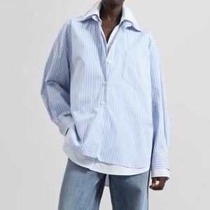 Camisas de Verano Personalizadas de Alta Calidad para Mujer, Manga Larga, Cuello Polo, Holgadas, a Rayas Azules, Blusas Elegantes para Mujer - Product Image 1