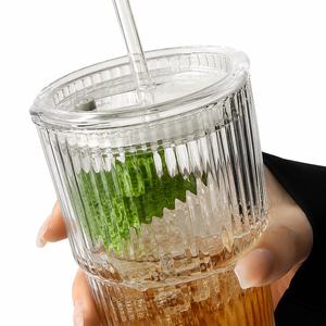 Vertical Ribbed Bamboo Joint Glass Tumbler With Straw Dual Drinking <b>Coffee</b> Cup Aesthetic Promotional Gift <b>Bottle</b> - Product Image 6