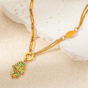 Lujosos diseños únicos <span class=keywords><strong>Hamsa</strong></span> mano bendición trae buena suerte Durable resistente al amarilleo 18K oro titanio acero joyería conjunto - Product Image 4