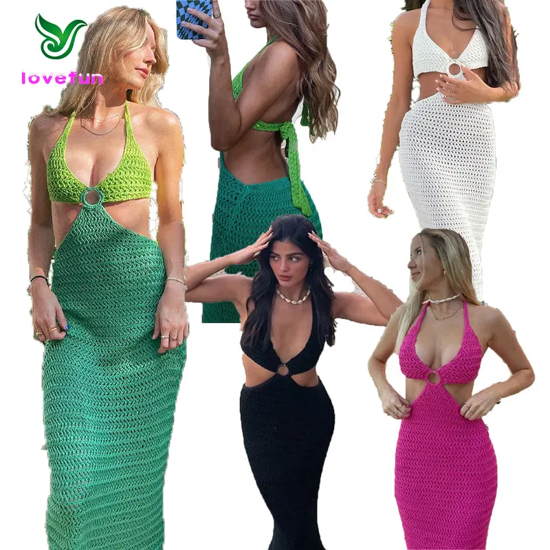 Dames Zomer Badmode Gehaakte Casual Jurk Gebreide Bodycon Jurken Halter Pure Rugloze Maxi Elegante Strand Vrijetijdskleding Jurk